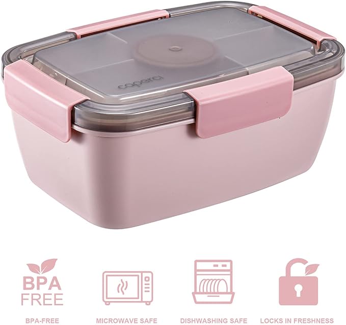 Caperci Large Salad Lunch Container - Adult Bento Lunch Box with 68 oz Salad Bowl, 5-Compartment Tray, 2pcs 3-oz Sauce Cups, Stackable, BPA-Free (Pink)
