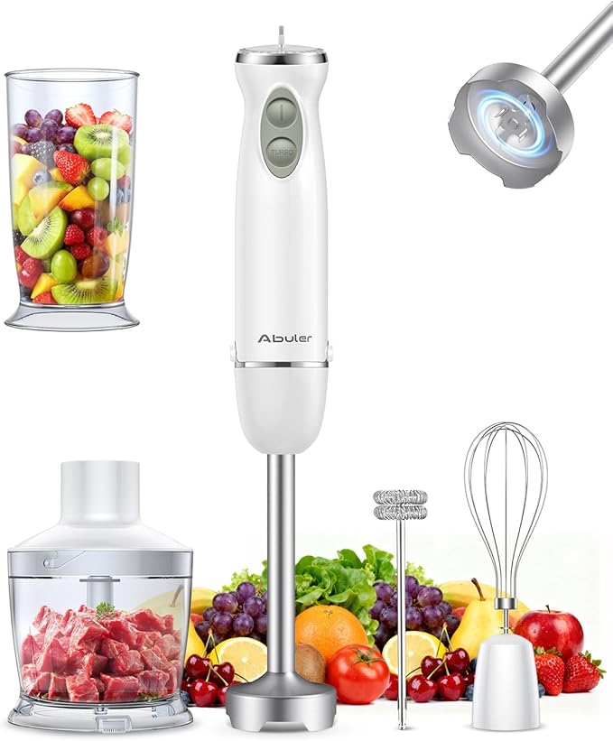 Immersion Blender Handheld 5 in 1 Hand Blender, 1000W Hand Mixer Stick, BPA-Free 12 Speed Handheld Blender with Mixing Beaker, Chopper, Whisk and Milk Frother for Soup, Sauce, Baby Food (White)