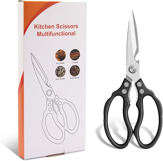 CGBE Kitchen Scissors All Purpose Heavy Duty, Ultra Sharp Stainless Steel Kitchen Shears Dishwasher Safe, Cooking Shears for Chicken, Poultry, Fish, Meat, Herbs & Grapes with Non-Slip Grips - Black