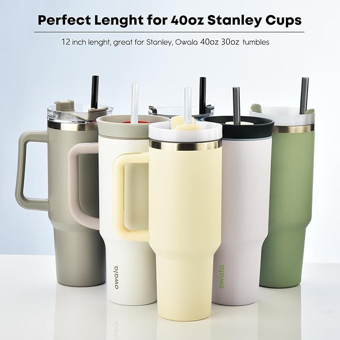 [DISHWASHER SAFE] 6 Pack Replacement Straws for Stanley 40 oz 30 oz Cup Tumbler, 12 inch Long Gray Reusable Plastic Straws with Brush for Stanley, Owala, Yeit Tumbler, BPA FREE