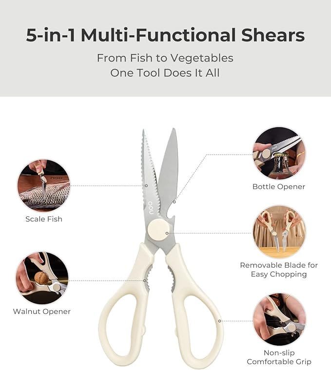 OOU Kitchen Scissors Set - Heavy Duty Stainless Steel All Purpose Shears 2-Pack, Comfort Grip Handles & Protective Sheath, Dishwasher Safe