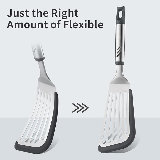 Fish Spatula for Nonstick Cookware, Stainless Steel Slotted Spatula with Silicone Edge, Flexible Metal Turner for Cooking, Flipping, Frying, 12.6" Egg Flipper Utensils, Heat Resistant Handle