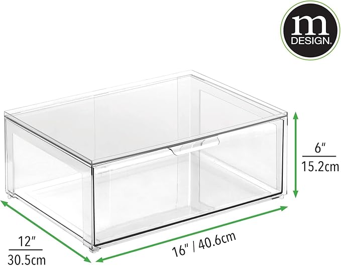 mDesign Plastic Stackable Closet Storage Organizer Bin Containers with Front Pull Drawer for Cabinet, Desk, Shelf, Cupboard, or Dresser Organization - Lumiere Collection - Set of 3 - Clear