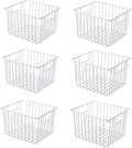 Slideep 11'' Farmhouse Freezer Food Storage Organizer Baskets Modern Refrigerator Metal Wire Basket Bin with Built-in Handles for Kitchen, Pantry, Bathroom, Cabinets, White -Set of 6