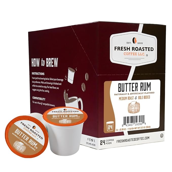 Fresh Roasted Coffee, Butter Rum, Flavored Coffee Pods, K-Cup Compatible, 24 Count