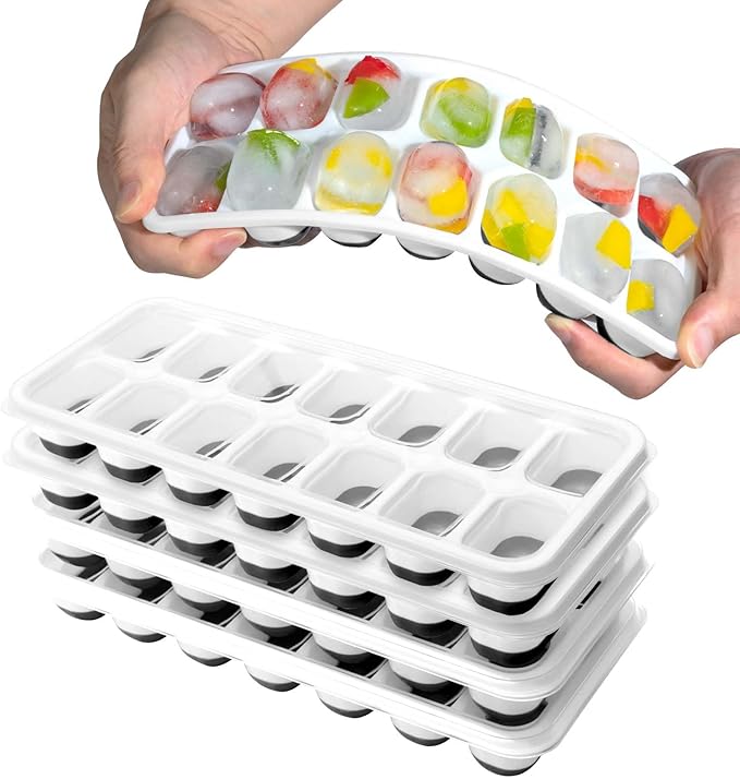 DclobTop Ice Cube Trays for Freezer - 4 Pack Easy to Release Plastic Silicone Ice Tray with Spill-Resistant Lids, Reusable Stackable for Cocktails, Drinks and Coffee, BPA-Free,Black