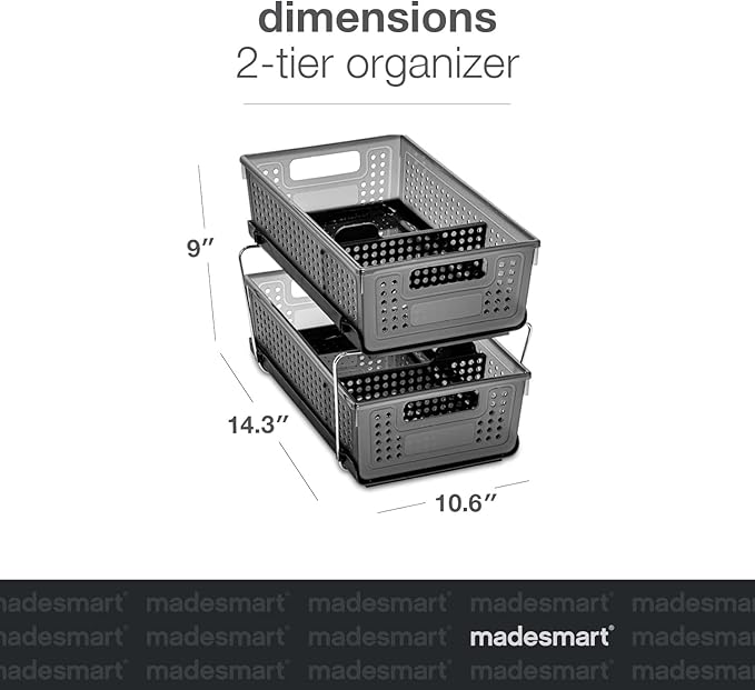 madesmart 2-Tier Organizer, Multi-Purpose Slide-Out Storage with Handles and Dividers for Home and Bath, Easy Assembly, BPA Free, Carbon