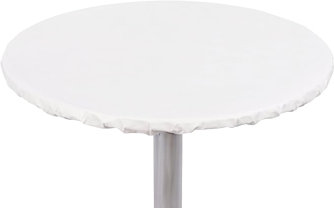 Yourtablecloth Heavy Duty Vinyl Round Fitted Tablecloth (Table Cover) with Flannel Backing Vibrant Colors Elasticized Tablecloth Great for Indoor and Outdoor Dining and Playing Cards 48” White