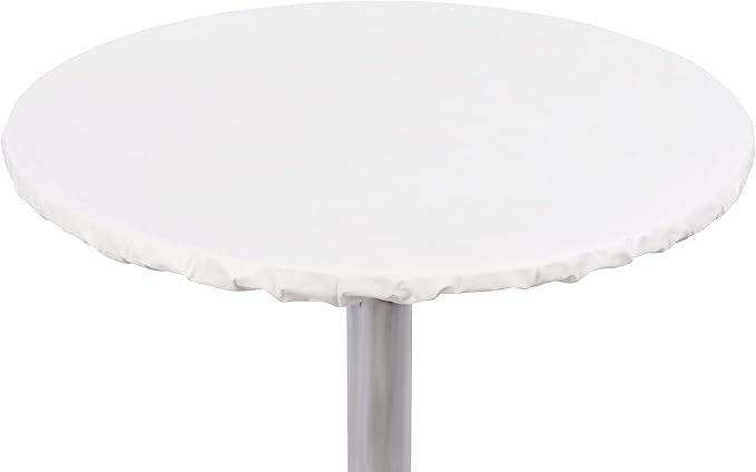 Yourtablecloth Heavy Duty Vinyl Round Fitted Tablecloth (Table Cover) with Flannel Backing Vibrant Colors Elasticized Tablecloth Great for Indoor and Outdoor Dining and Playing Cards 54” White