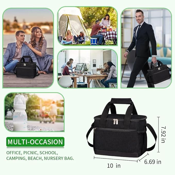 iknoe Insulated Lunch Bag, Foldable 8.5L Cooler Bag for Men & Women, Leakproof Thermal Design, Great for Office, Picnic, Travel, Lunch Box, Black without logo
