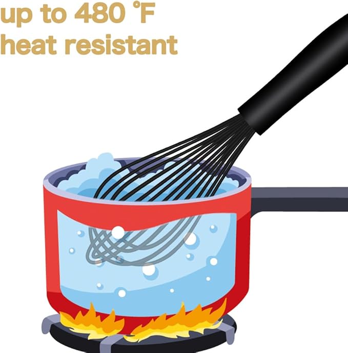 Dishwasher Safe Silicone Whisk, Sealed Waterproof Design Set of 3, Professional Kitchen Whisks for Cooking Non-Scratch, Silicone & Stainless Steel Whisk, Heat Resistant Balloon Egg Beater, Black