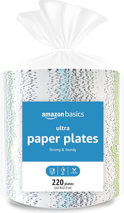 Amazon Basics Ultra Paper Plates, 8.62 Inch, Disposable, 64 Count