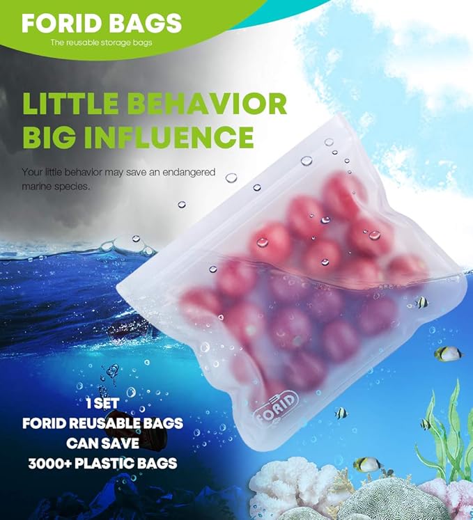 FORID Reusable Storage Bags, 12 Pack Extra Thick Freezer bags (2 Reusable Gallon Bags, 5 Reusable Sandwich Bags, 5 Reusable Snack Bags) FDA Grade LEAKPROOF Lunch Bag for Food Travel Items Storage