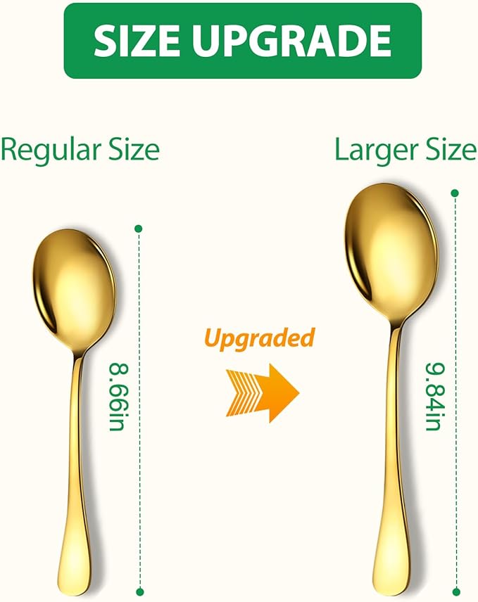 Stainless Steel Serving Spoons Set, 6pc, 10-Inch, Includes 6 Large Spoons, for Parties/Kitchen/Buffet/Catering, Dishwasher Safe, Gold