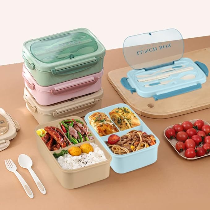 NatraProw Bento Box for Adult, 1200 ML Lunch Containers, LeakProof Lunch Box with Utensils, BPA Free, 3 Compartment Bento Box Microwave Safe, Khaki