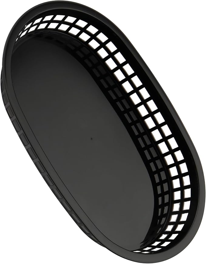 30 Pack 10.5x6.7x1.3 Inch Black Plastic Fast Food Baskets, Restaurant Serving Baskets, Flat Oval Fast Food Serving Basket for Picnic, Deli Serving, Chicken, Burgers and Fries