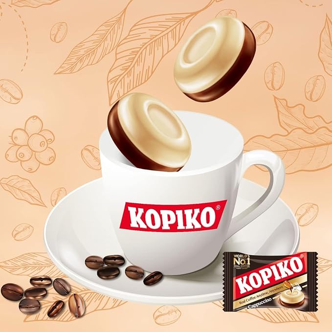 Kopiko Cappuccino Candy – Bold-Tasty Hard Candy from Indonesia with Real Coffee Extract – A Satisfying Boost for On-the-Go Energy (2-Pack 4.23oz Each)