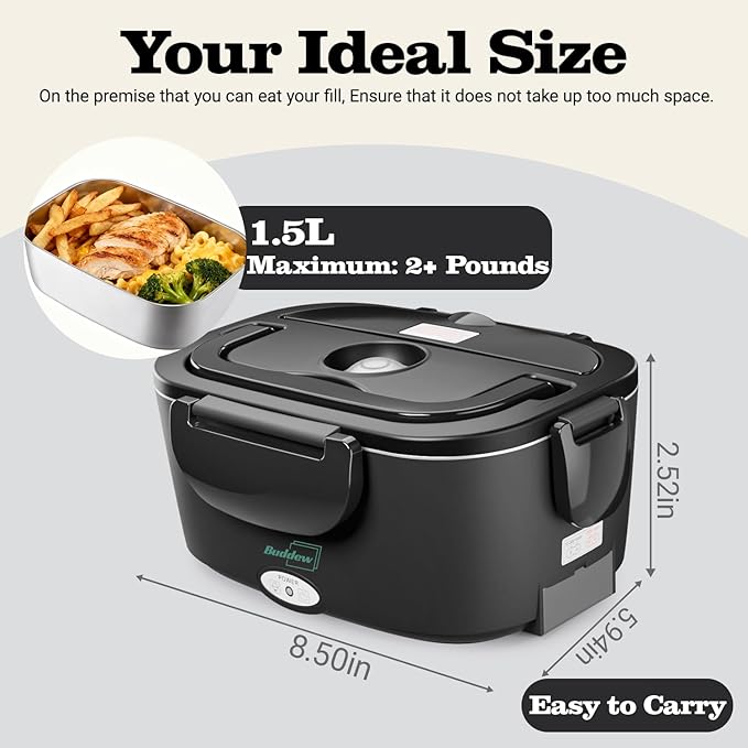 Buddew Electric Heated Lunch Box for Adults - 80W Fast Heating, 1.5L Food-Grade Stainless Steel, 12V/24V/110V Portable Food Warmer for Work Travel Car, Lonchera Electrica Portatil