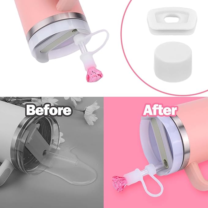 Mity rain Set for Stanley Cup Accessories, Including 2Pcs Diamond Straw Topper, 2 Pcs Silicone Spill Proof Stopper, 2Pcs Protective Glitter Silicone Boot, Pink and White Set for Stanley Cup 40/30 OZ
