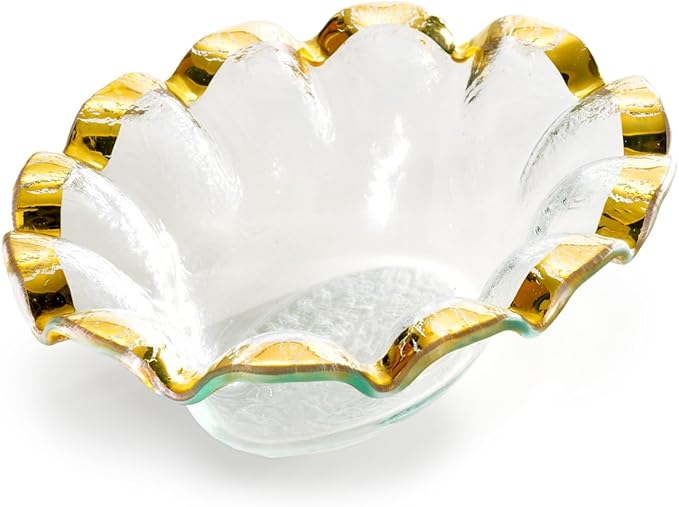 Annieglass Ruffle 8.25 x 6.5 Inch Dip Bowl with 24k Gold, Timeless Glass Tableware for all Occasions, Made in the USA