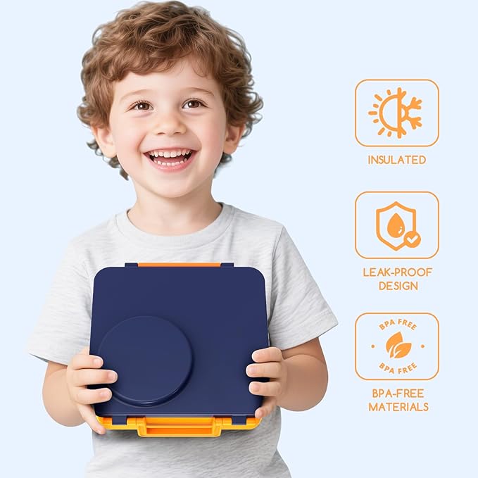 Bento Box for Kids - Leak-Proof Bento Lunch Box with Insulated Thermos Food Jar - 4 Compartments, 1 Removable Divider, 1Spoon, 1 Fork - Dishwasher Safe, BPA-Free (Navy blue)
