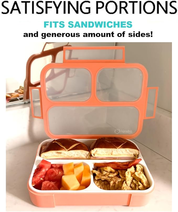 Bento Box Adult Lunch Box | Lunch Boxes For Adults Kids Women | 3 Compartments |Portion Control Meal Snack Container For Big Kids Teens Work School | Leakproof Divided Containers | Coral - Orange