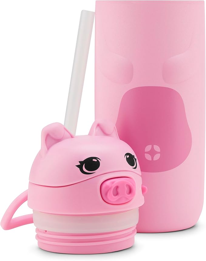 Ello Ellies 12oz Vacuum Insulated Stainless Steel Kids Water Bottle with Straw and Built-in Carrying Handle and Leak-Proof Locking Lid for School Backpack, Lunchbox and Outdoor Sports, Pig