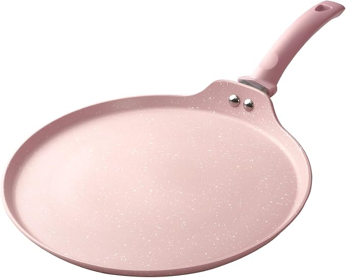 Innerwell Nonstick Crepe Pan, Granite Coating Flat Skillet Dosa Tawa Tortilla Pan, 10 inch Pink Pancake Griddle Roti Pan With Stay-Cool Handle, Induction Compatible, PFOA Free