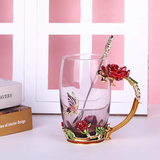 Handicraft Crystal Glass 3D Flower Cups Tea Mug With Tea Spoon Women Coffee, Tea, Juice, Beer, Milk Hot And Cold Drinks Use Gift Package. (Red Rose-Tal)