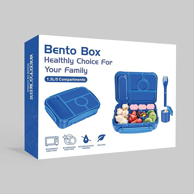 Bento Box Adult Lunch Box Kids,Lunch Containers for Adults/Kids/Toddler,5 Compartments Bento Lunch Box with Sauce Vontainers,Microwave & Dishwasher & Freezer Safe,BPA-Free (Navy)