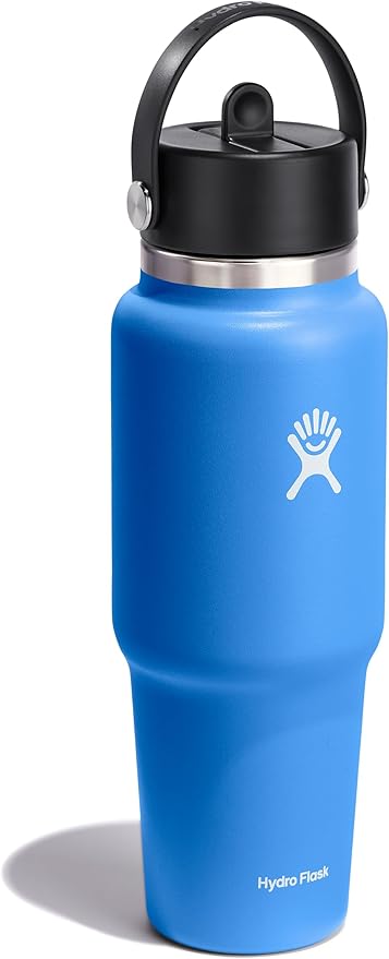 Hydro Flask Travel Water Bottle - Insulated Stainless Steel - Wide Straw Lid, Non Spill, Leakproof in 32 Oz Cascade Blue