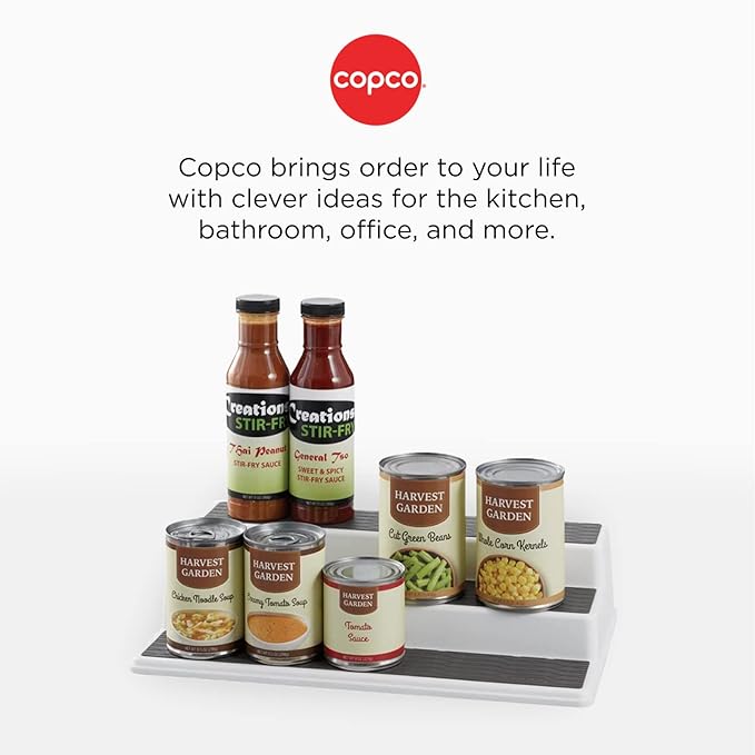 Copco 3-Tier Spice Rack Organizer for Cabinet or Pantry, 10-Inch Non-Skid Tiered Shelf, White/Gray Design Holds Spice Jars, Cans, and Bottles