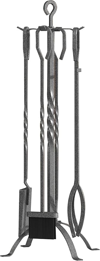 Fire Beauty 5 Pieces Fireplace Tools Sets Fireplace Accessories Tools Holder with Handles Tools for Indoor Fireplace Decor Outdoor Fire Pit Modern Tool(Pewter)