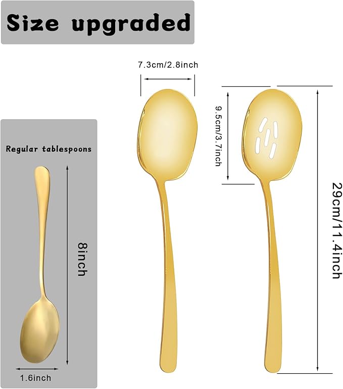 8 Pieces Extra Large Serving Spoons Set, 11 Inch Serving and Slotted Spoon, Stainless Steel Cooking Spoons, Serving Utensils for Kitchen Buffet Parties (Gold)