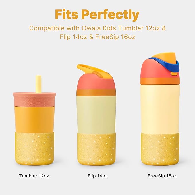 Silicone Water Bottle Boot for Owala 14/16oz, Anti-Slip Protective Sleeve Bottom Bumper Protector for Owala Kids 12 oz Tumbler, Flip 14 oz and FreeSip 16 oz Water Bottle (Glitter Yellow)