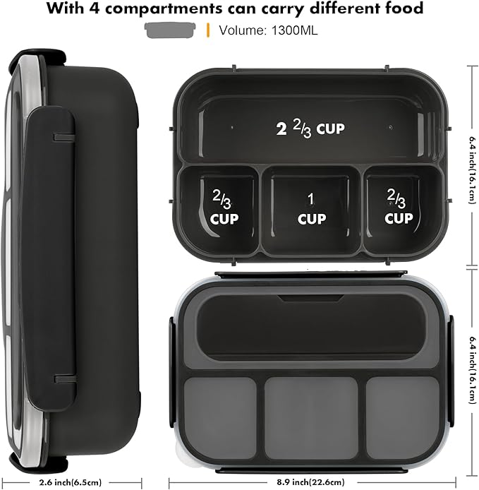 Bento Box Adult Lunch Containers, 5 Cup Box with 4 Compartments &Spork &Sauce Box, Leak-Proof, Microwave/Dishwasher Safe(Black)