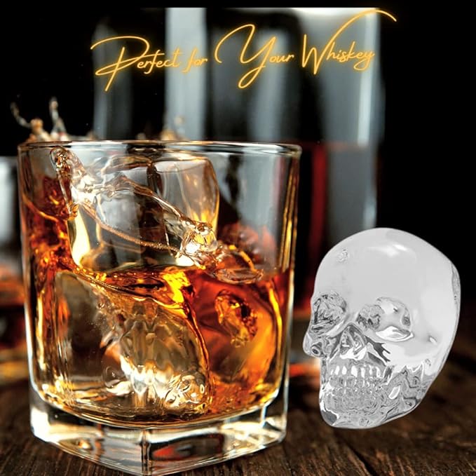 CHIYAN Skull Ice Mold Silicone - Set of 6 Large 3D Ice Cube Molds, 2.3x2.3 Inch Flexible Silicone Freezer Tray, Whiskey Cubes Mold Skull for Party Cocktails Champagne and Drinks