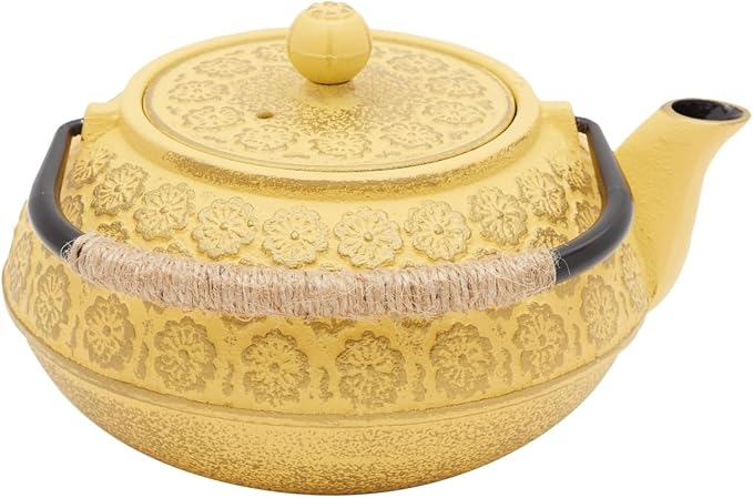 Juvale Japanese Cast Iron Teapot - Stainless-Steel Infuser & Loose Leaf Tea Pot - Superior Heat Retention Cast Iron Kettle - Elegant Floral Trivet For Home Tea Set - 800 ml, Yellow