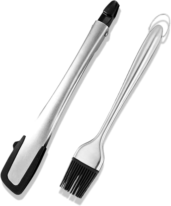 Heat-Resistant Kitchen Tongs and Basting Brush Set - 600℉ Stainless Steel Cooking Tongs with Metal Locking Mechanism - Ideal for Cooking, Grilling Steak, Baking Bread, and BBQ,(Silver 2Pcs)