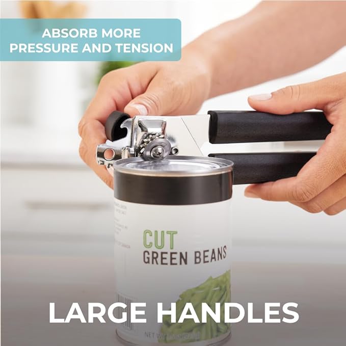Kitchen Genie Slip Resistant Stainless Steel Manual Can Opener, Sharp Blade for Smooth Edge Cuts, Easily Open Cans, Ergonomic Handles with Easy to Turn Knob, Built-In Bottle Openers, Pitch Black