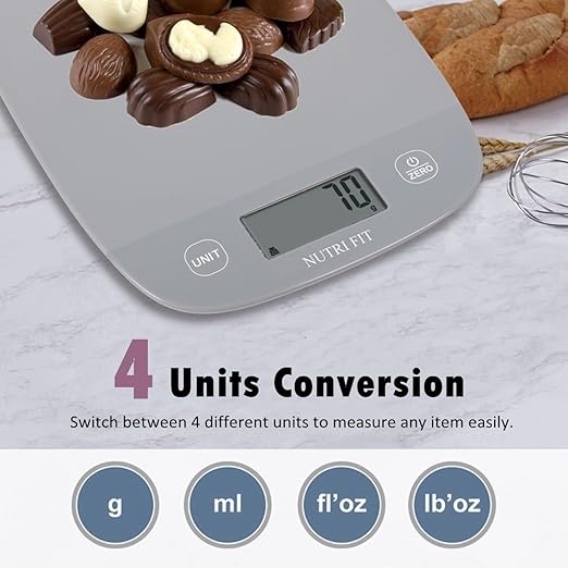 NUTRI FIT Food Scale Kitchen Scales Digital Weight Grams and Ounces for Baking Cooking, Weighing Scale Portion Control, Max 11lb 1g Increment 6 Units Smart Tare Hanging Storage, Gray
