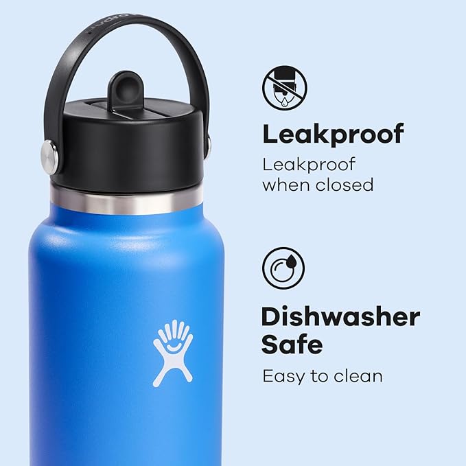 Hydro Flask Water Bottle - Insulated Stainless Steel - Wide Straw Lid, Non Spill, Leakproof in 40 Oz Cascade Blue