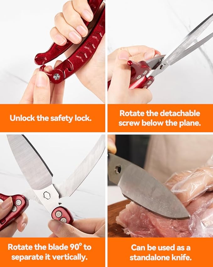 Brigii Kitchen Shear, Stainless Steel Heavy Duty Poultry Shears, Multi-Purpose Kitchen Scissors for Cutting Chicken, Fish, Seafood, and Vegetables-Red