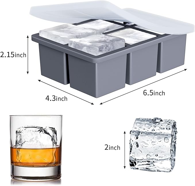 Large Ice Cube Tray for Whiskey: FDDBI Silicone Ice Cube Trays with Lid - 2Pack Big Square Old Fashioned Ice Cube Maker for Cocktail - 2inch Huge Cubed Ice Trays for Whisky
