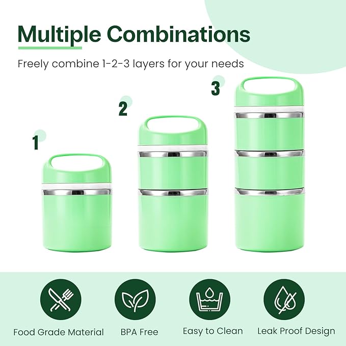 Lille Home Stackable Stainless Steel Lunch Containers, 43OZ Capacity 3 Layers Leakproof Bento Box for Adult, Portable Lunch Box for Women, Man, Travel, Office with Lunch Bag (Green.Pro)