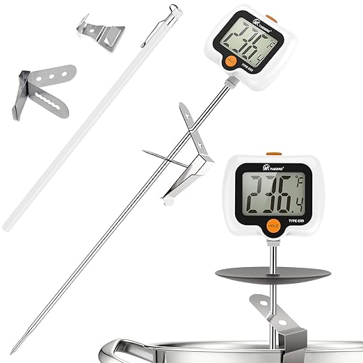 Digital Candy Thermometer with Adjustable Display, 304 Stainless Steel Probe, -58°F~572°F, White Body, Includes 2 Pot Clips & Heat-Insulating Pad for Sugar Syrup, Jam, Chocolate, Frying Oil