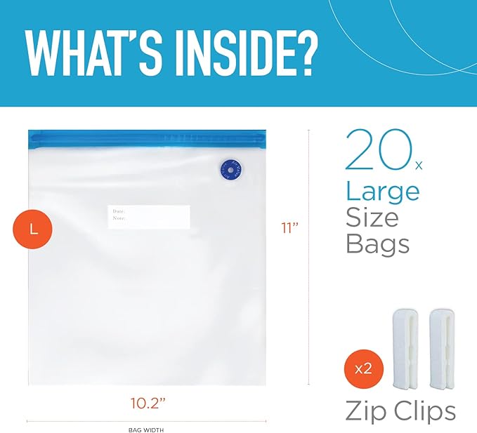 Sous Vide Bags for Joule and Anova Cookers - 20 Reusable BPA-Free Sous Vide Bags 11.0" x 10.2" Inch Quart Size -Vacuum Sealer Bags Food Storage Freezer Safe - Fits Any Sous Vide Machine