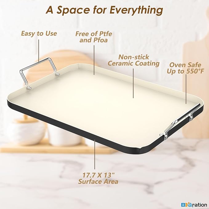 17.7" x 13" Griddle Pan for Gas Grill and Ovens, Stainless Steel Handles, Non Stick Ceramic Griddle Pan Griddle Skillet, PTFE Free PFOA Free, Black