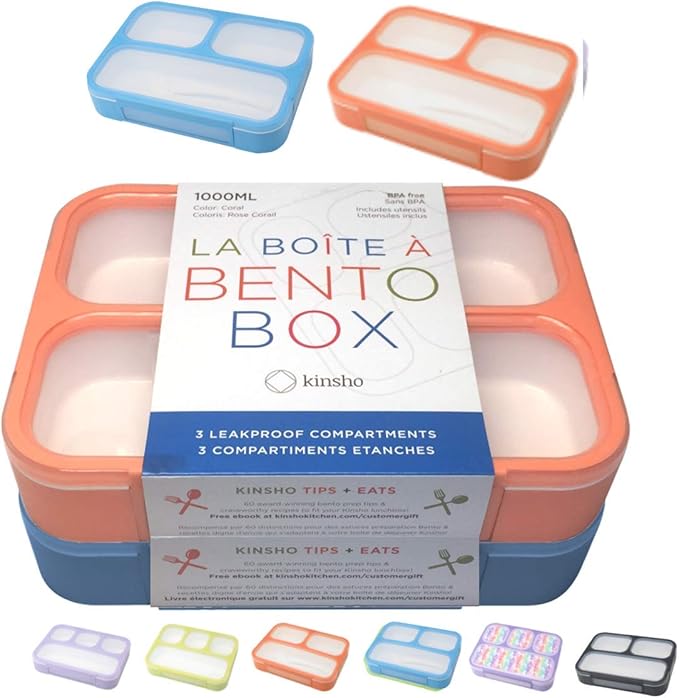 kinsho Bento Lunch Boxes for Adults or Kids | Large 3 Compartment Containers with Dividers for Meals and Snacks for School or Work Lunches, Women Men Includes Utensils | Coral Blue 2 pack