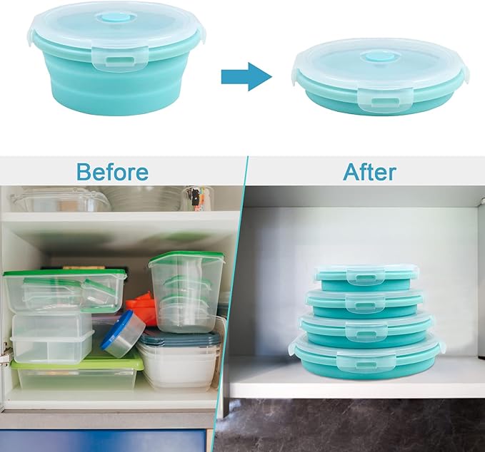 Guyuyii Collapsible Bowl Set - 4 Pack Silicone Food Storage Containers with Lids - Microwave, Dishwasher and Freezer Safe Kitchen Essentials for Meal Prep, Picnics, Camping, RVs, and Busy Families